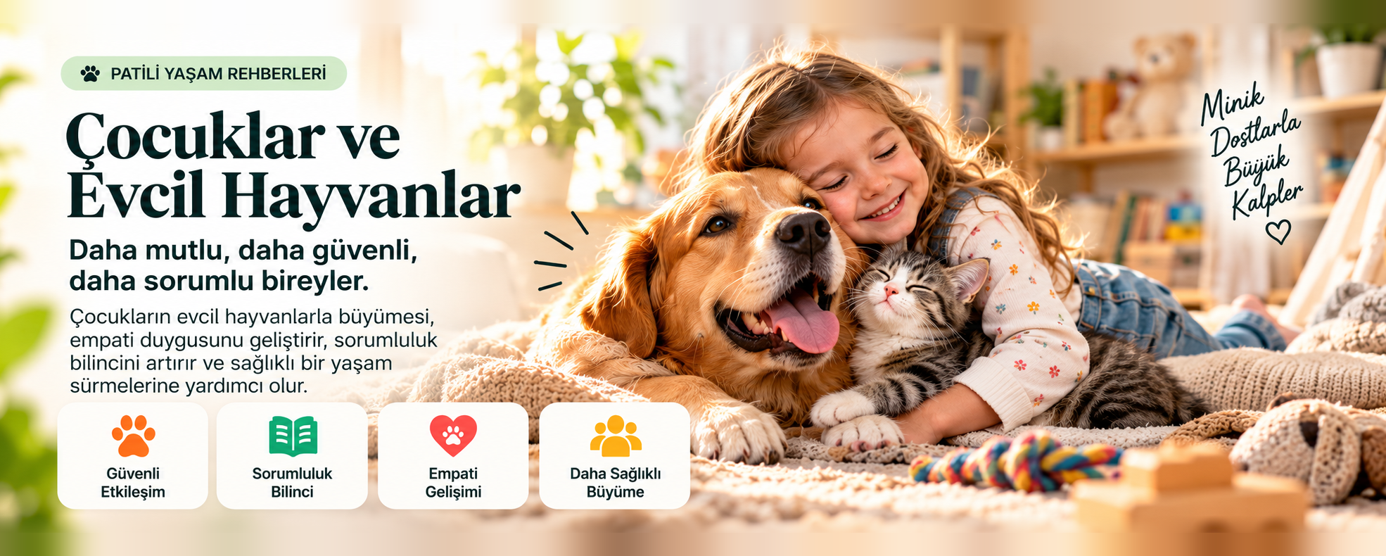Patili Yaşam rehberleri: Çocuklar ve Evcil Hayvanlar. Daha mutlu, daha güvenli, daha sorumlu bireyler; güvenli etkileşim, sorumluluk bilinci, empati gelişimi ve daha sağlıklı büyüme.