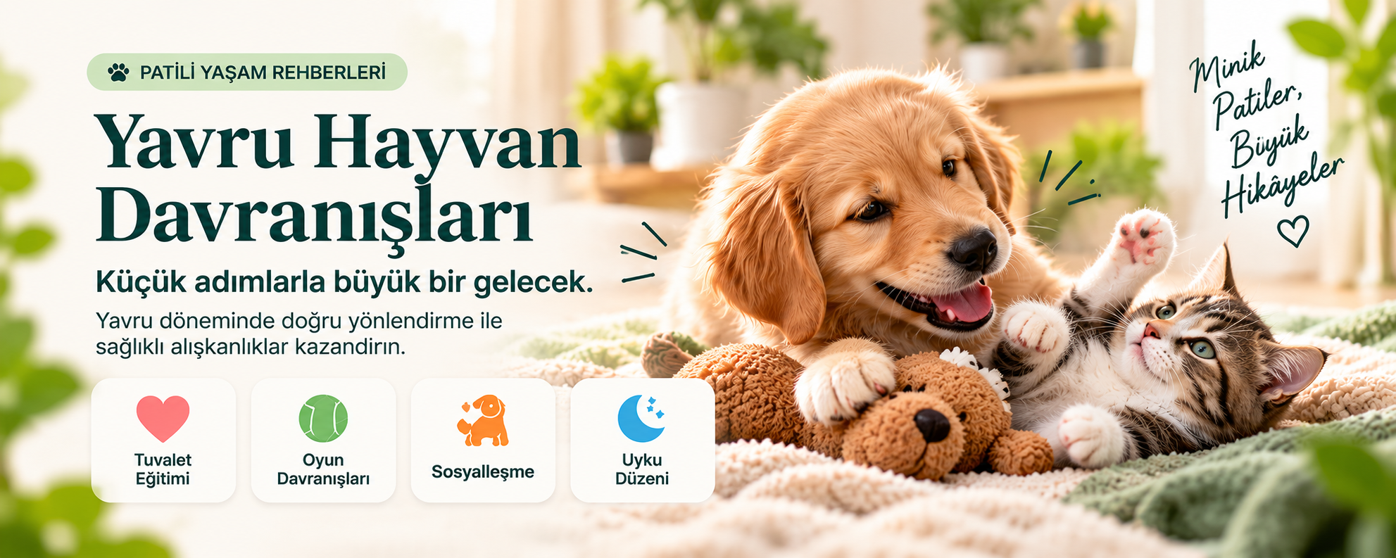 Patili Yaşam rehberleri: Yavru Hayvan Davranışları. Küçük adımlarla büyük bir gelecek; tuvalet eğitimi, oyun davranışları, sosyalleşme ve uyku düzeni.