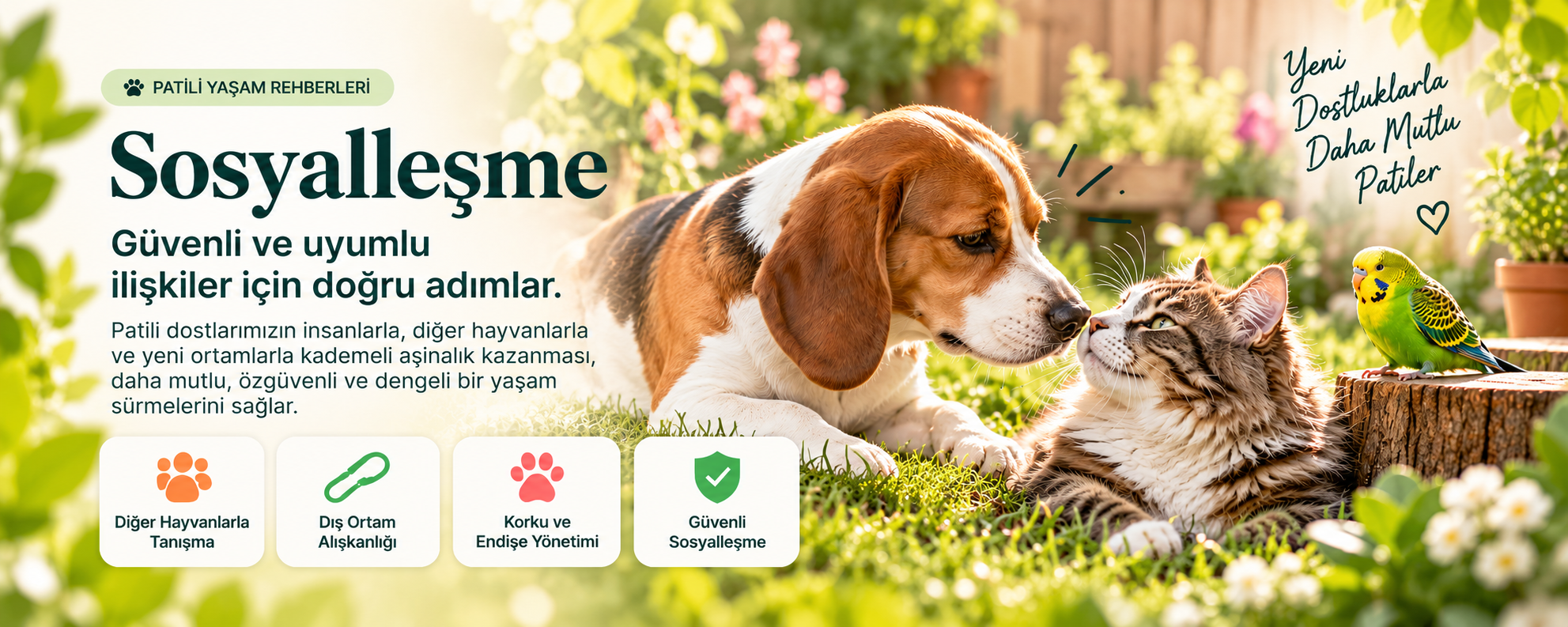 Patili Yaşam rehberleri: Sosyalleşme. Güvenli ve uyumlu ilişkiler için doğru adımlar; diğer hayvanlarla tanışma, dış ortam alışkanlığı, korku ve endişe yönetimi, güvenli sosyalleşme.