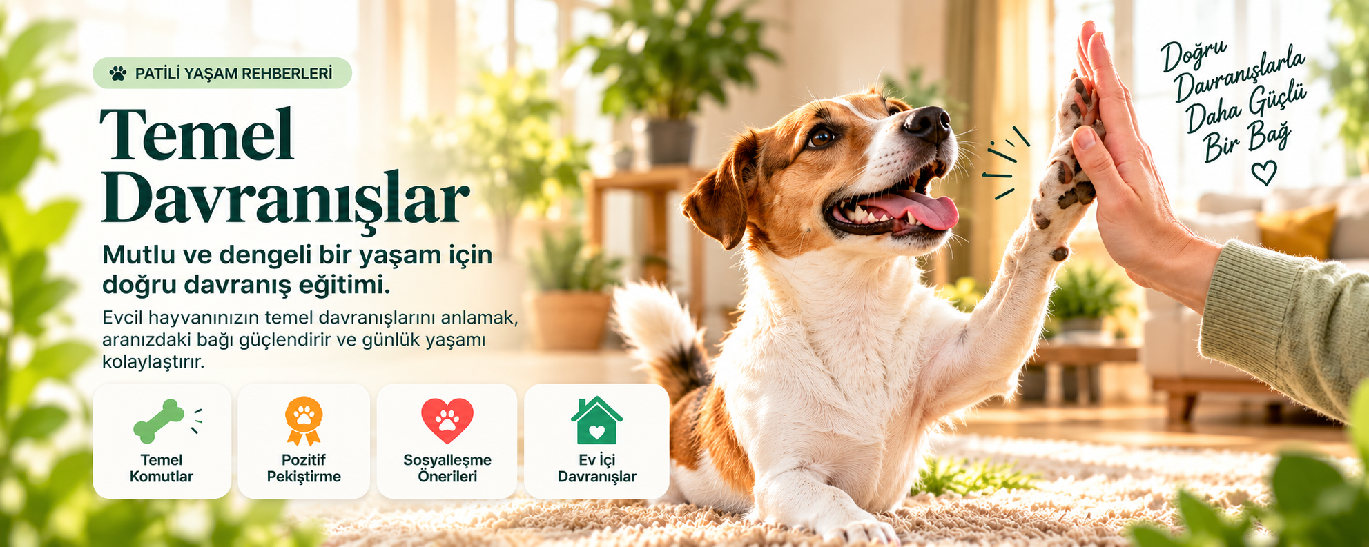 Patili Yaşam rehberleri: Temel Davranışlar. Mutlu ve dengeli bir yaşam için doğru davranış eğitimi; temel komutlar, pozitif pekiştirme, sosyalleşme önerileri ve ev içi davranışlar.