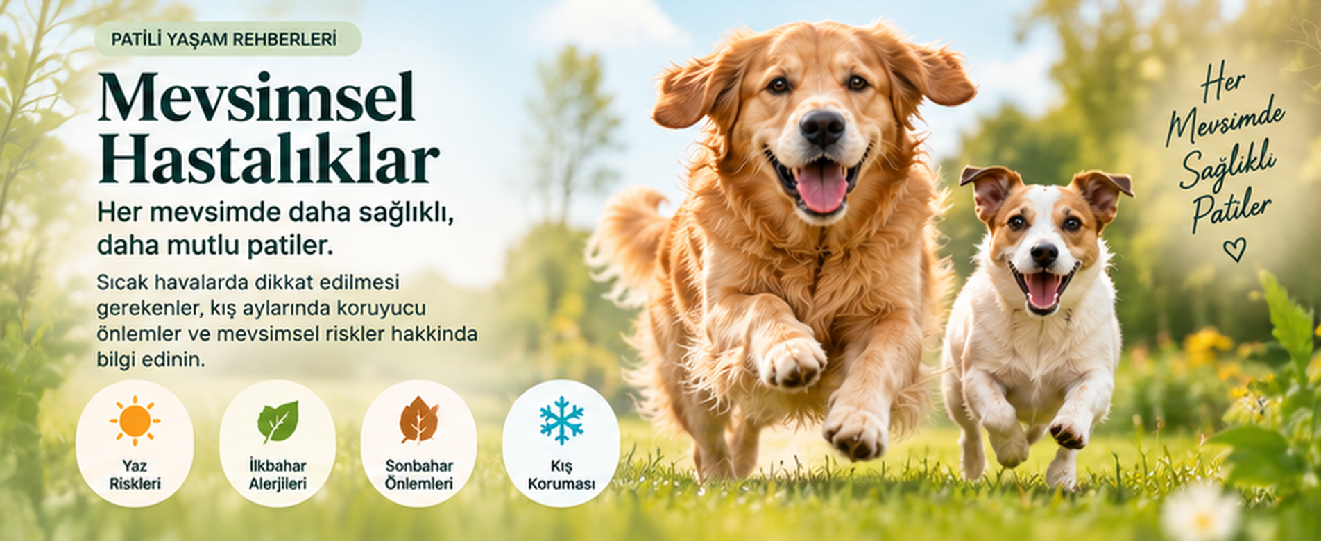 Patili Yaşam rehberleri: Mevsimsel Hastalıklar. Her mevsimde daha sağlıklı, daha mutlu patiler; yaz riskleri, ilkbahar alerjileri, sonbahar önlemleri ve kış koruması.