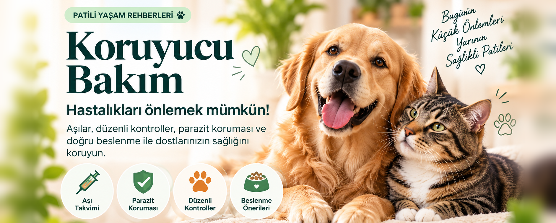 Patili Yaşam rehberleri: Koruyucu Bakım. Hastalıkları önlemek mümkün; aşılar, düzenli kontroller, parazit koruması ve doğru beslenme.