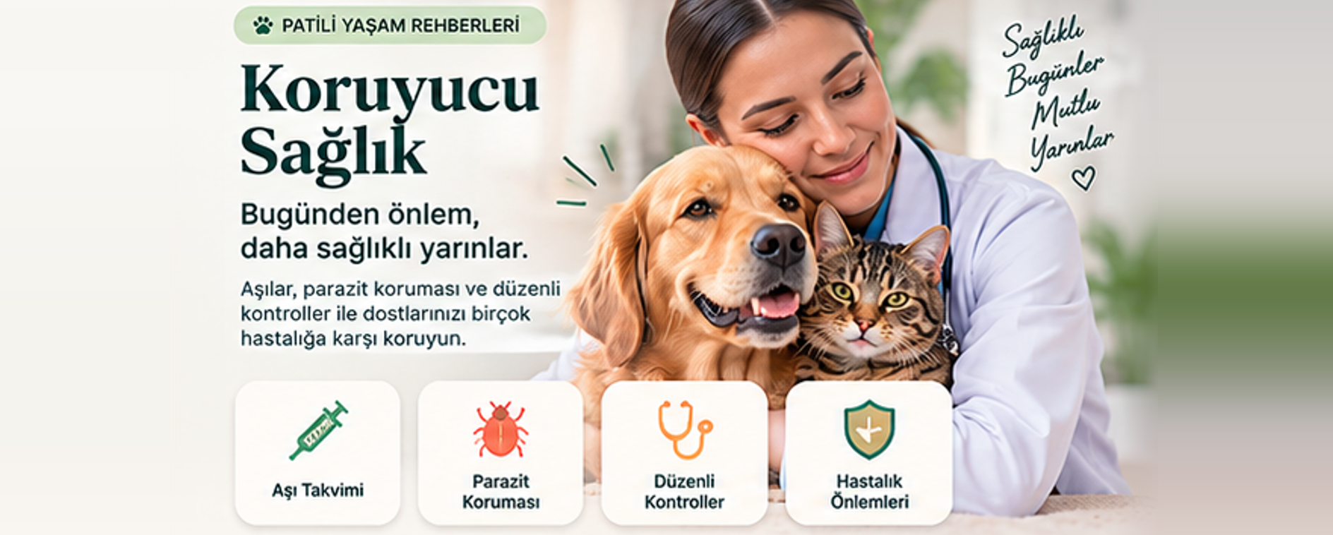 Patili Yaşam rehberleri: Koruyucu Sağlık. Bugünden önlem, daha sağlıklı yarınlar; aşı takvimi, parazit koruması, düzenli kontroller ve hastalık önlemleri.